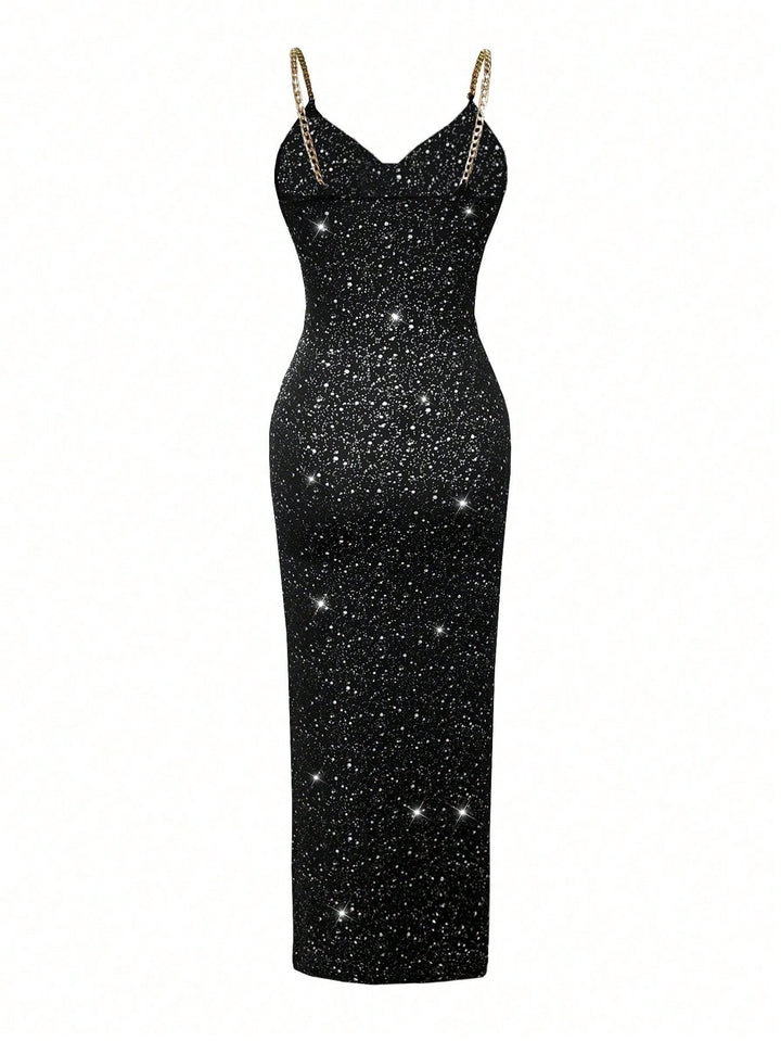 Glittery Cutout Chain Strap Midi Dress