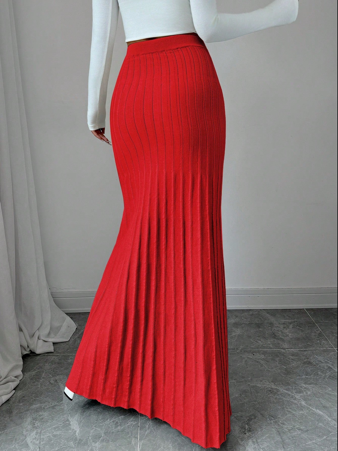 High Waisted Ribbed Knit Maxi Skirt
