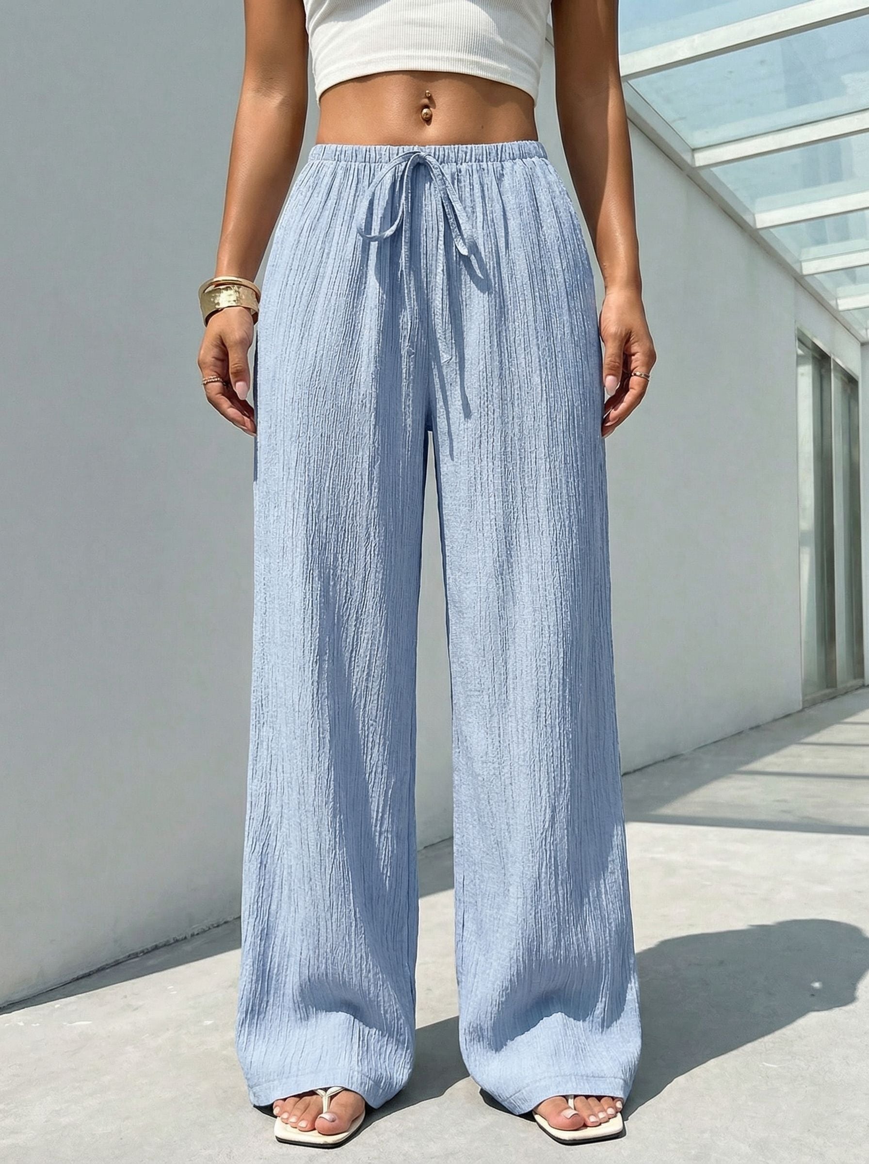 Drawstring Waist Wide-Leg Casual Pants-Multicolor