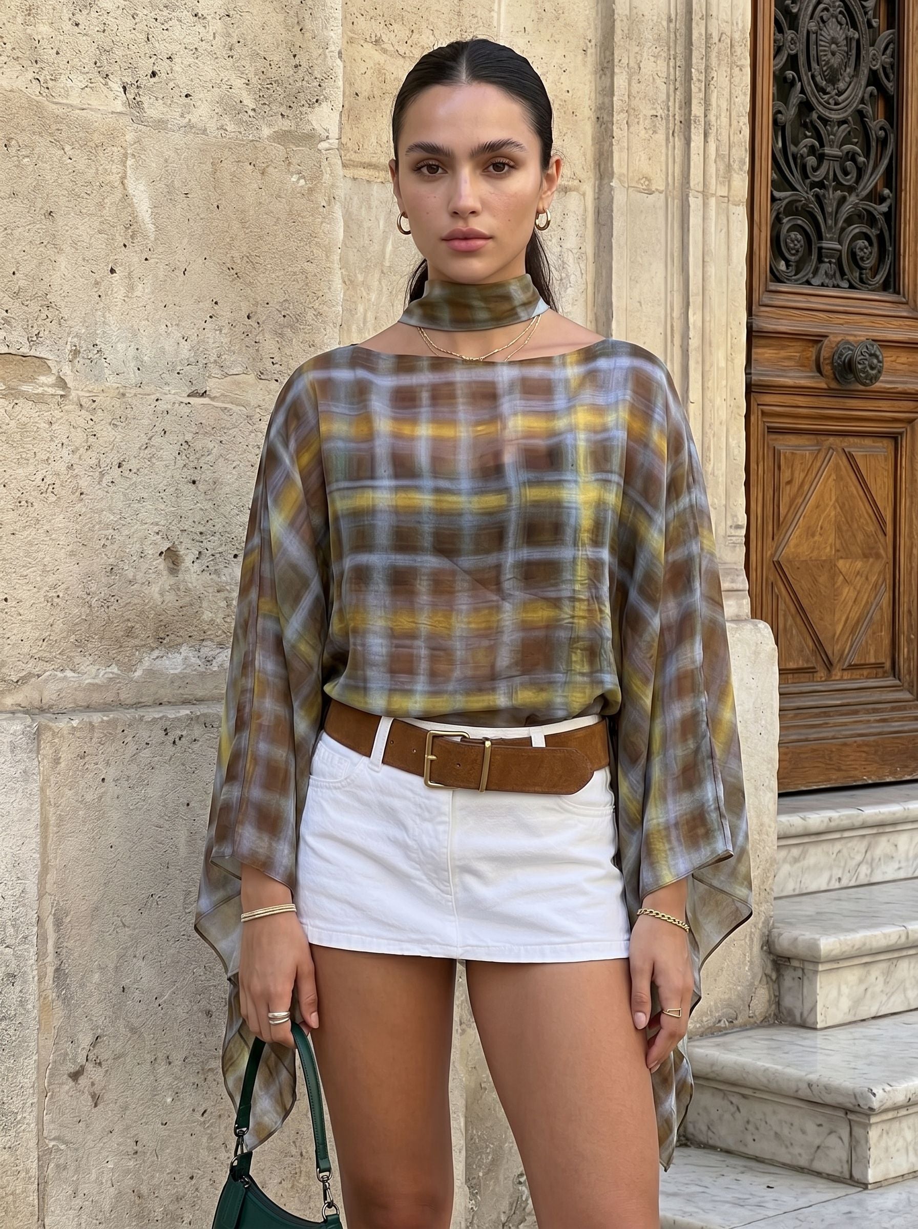 Plaid Bardot Neck Blouse