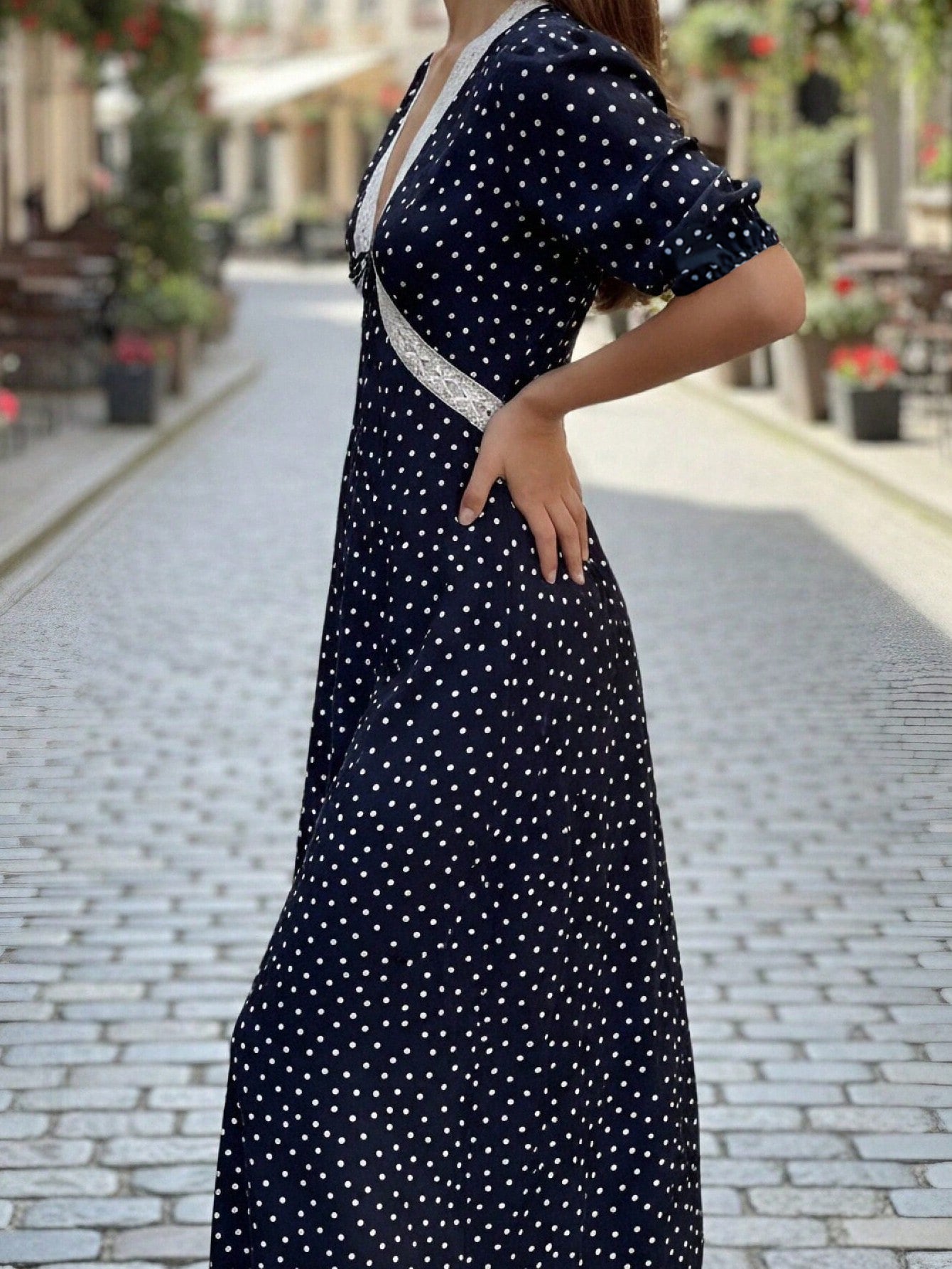 Polka Dot Lace Trim Midi Dress