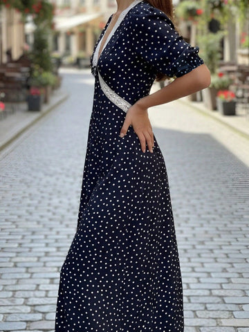 Polka Dot Lace Trim Midi Dress