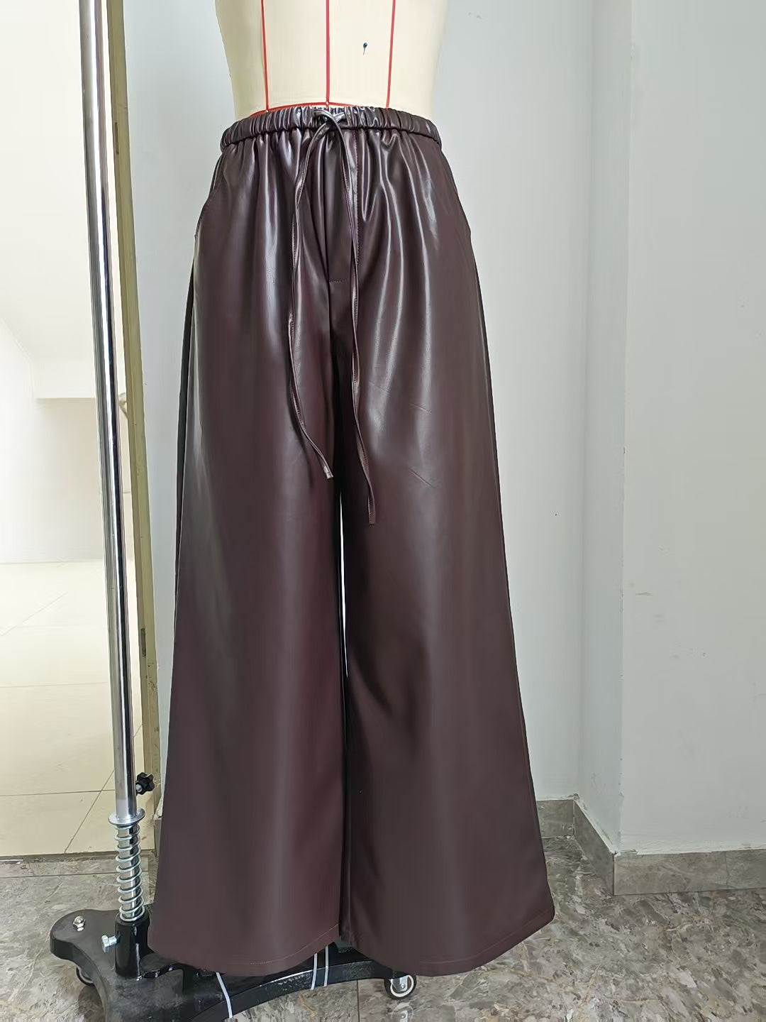 High Waisted Faux Leather Wide Pants