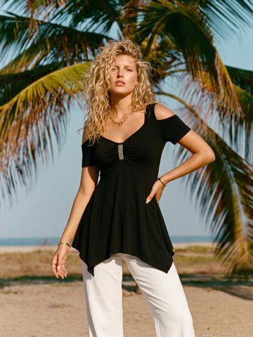 Cold Shoulder Embellished Peplum T-Shirt