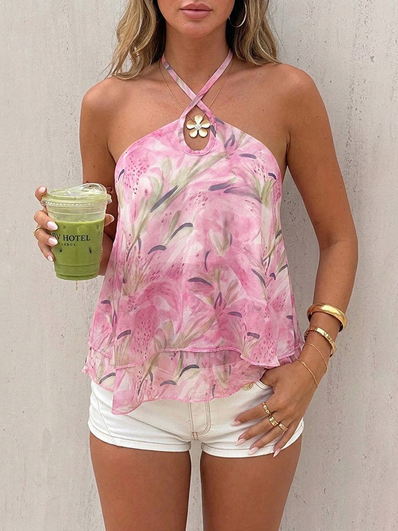 Floral Print Keyhole Detail Halter Top