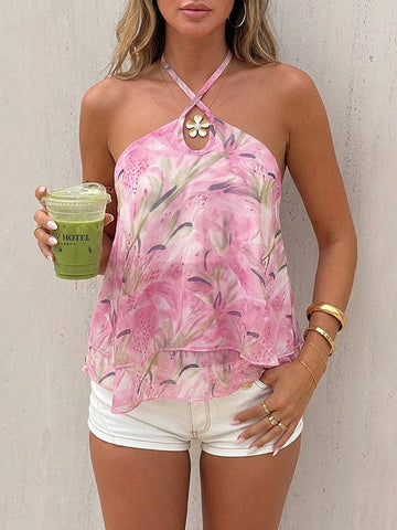Floral Print Keyhole Detail Halter Top
