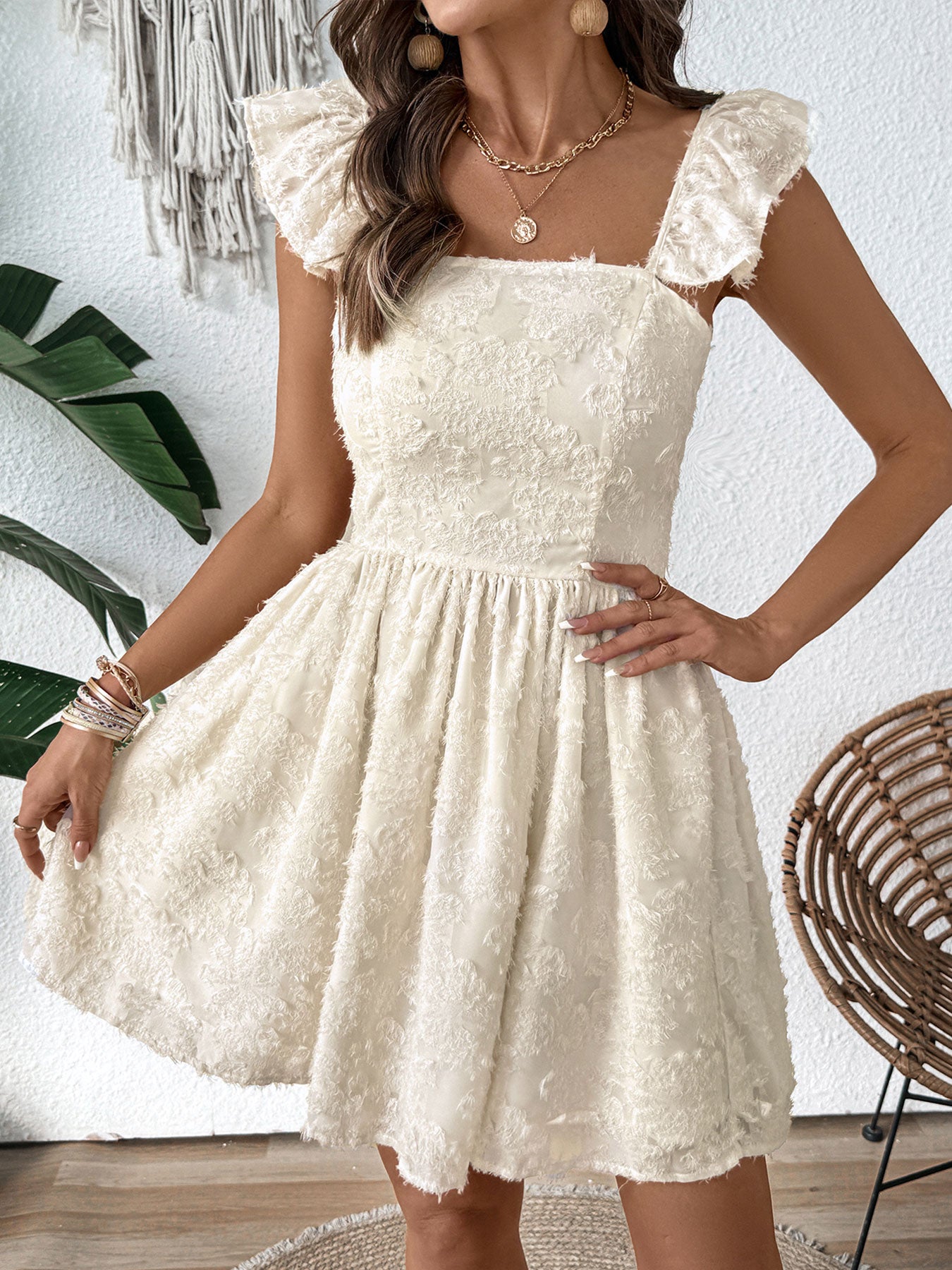 Off Shoulder Ruffled Feminine Mini Dress