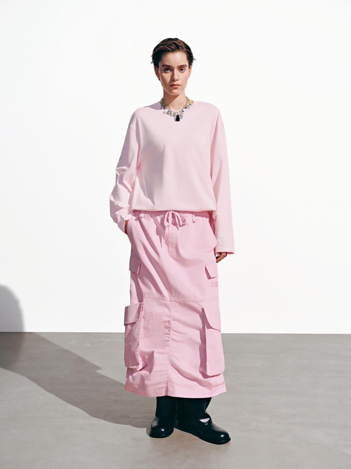 Urban Revivo Flap Pockets Cargo Midi Skirts-Pastel Pink