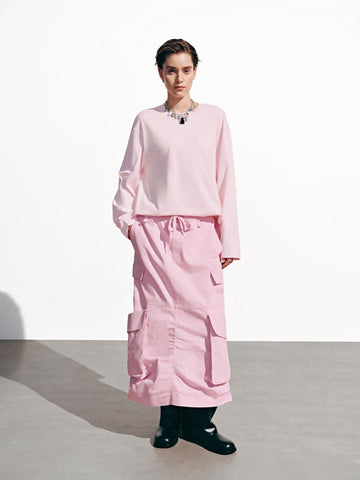 Urban Revivo Flap Pockets Cargo Midi Skirts-Pastel Pink