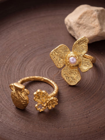 Gold Floral Vase Open Adjustable Ring