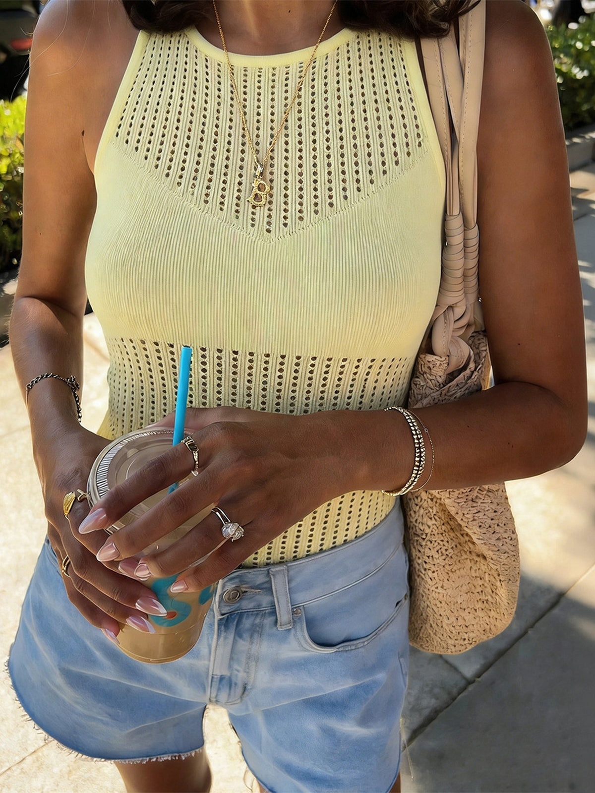 Cropped Pointelle Knit Racerback Tank Top