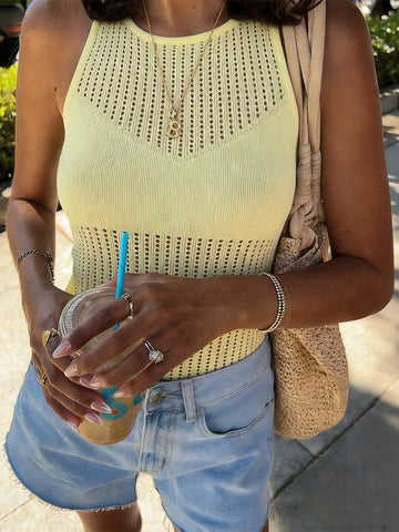 Cropped Pointelle Knit Racerback Tank Top