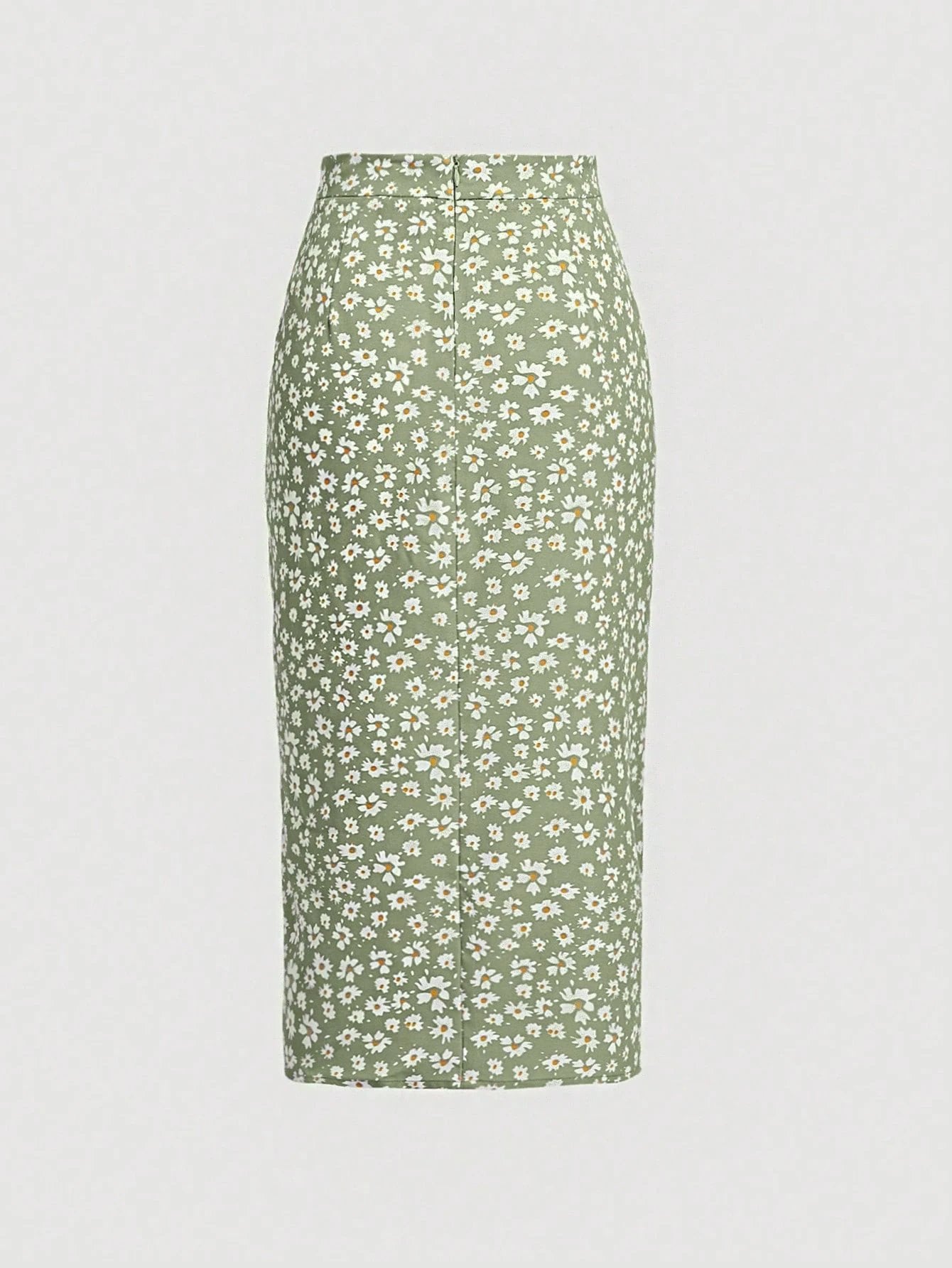 Daisy Print High-Waisted Side Drawstring Casual Midi Skirt-Green