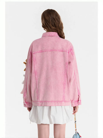 Oversized Pink Graphic Denim Jacket