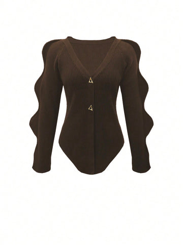 Sculptural Sleeve V Neck Cardigan