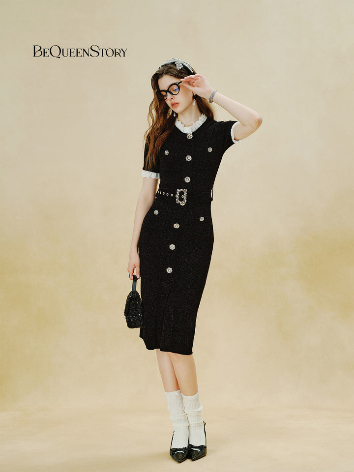 Elegant Tweed Belted Midi Dress
