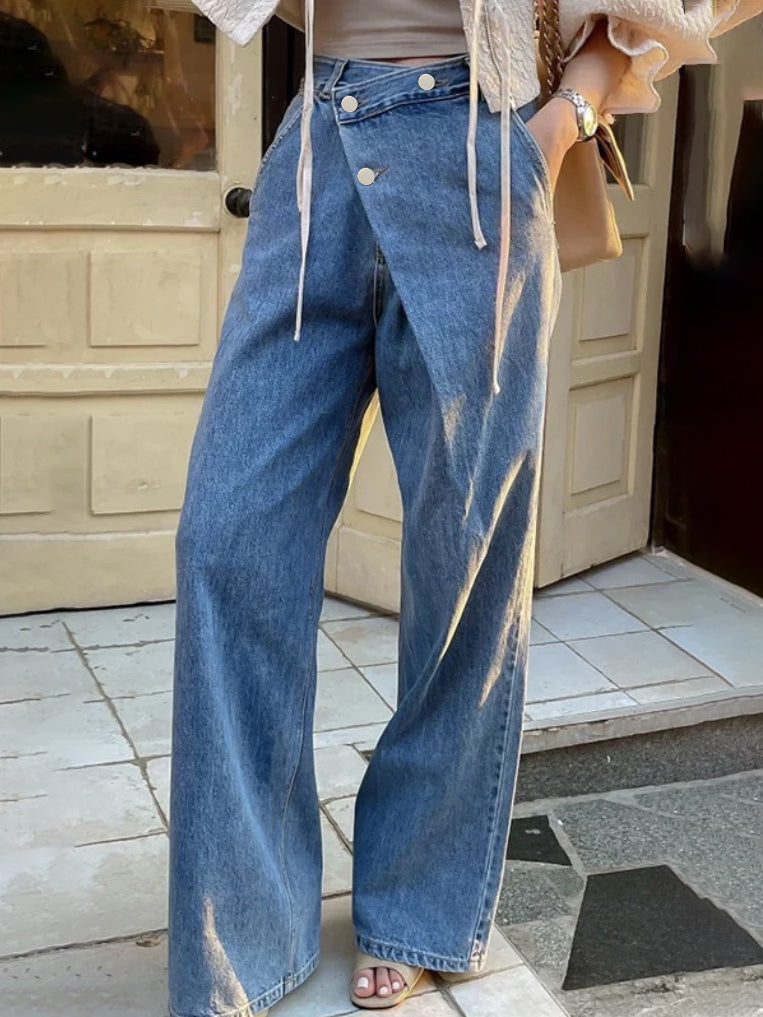 Asymmetric High Waisted Wide Leg Jeans