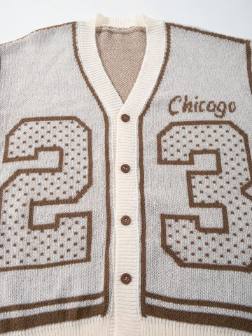 Oversized Graphic Varsity Knit Cardigan