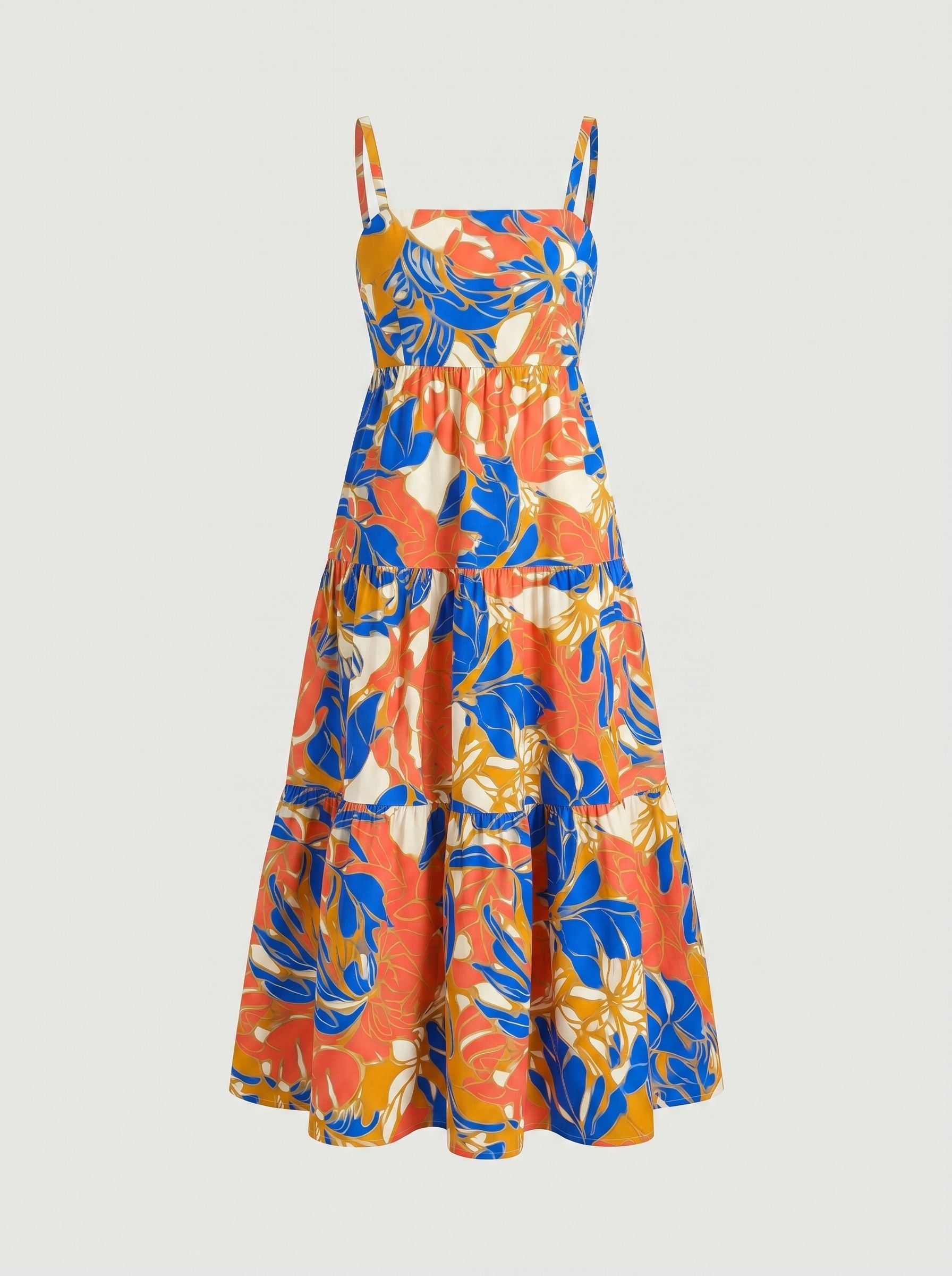 FLORA Floral Print Tiered Strap Midi Dress