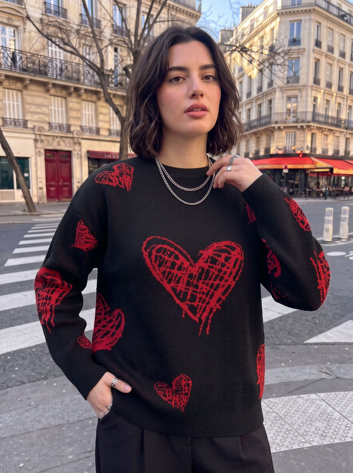 Graffiti Style Red Heart Print Relaxed Knit Pullover