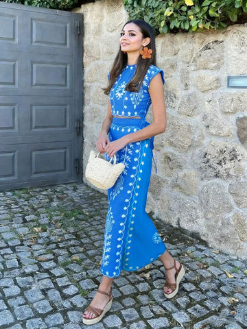 Embroidered Blue Two Piece Midi Skirt Set