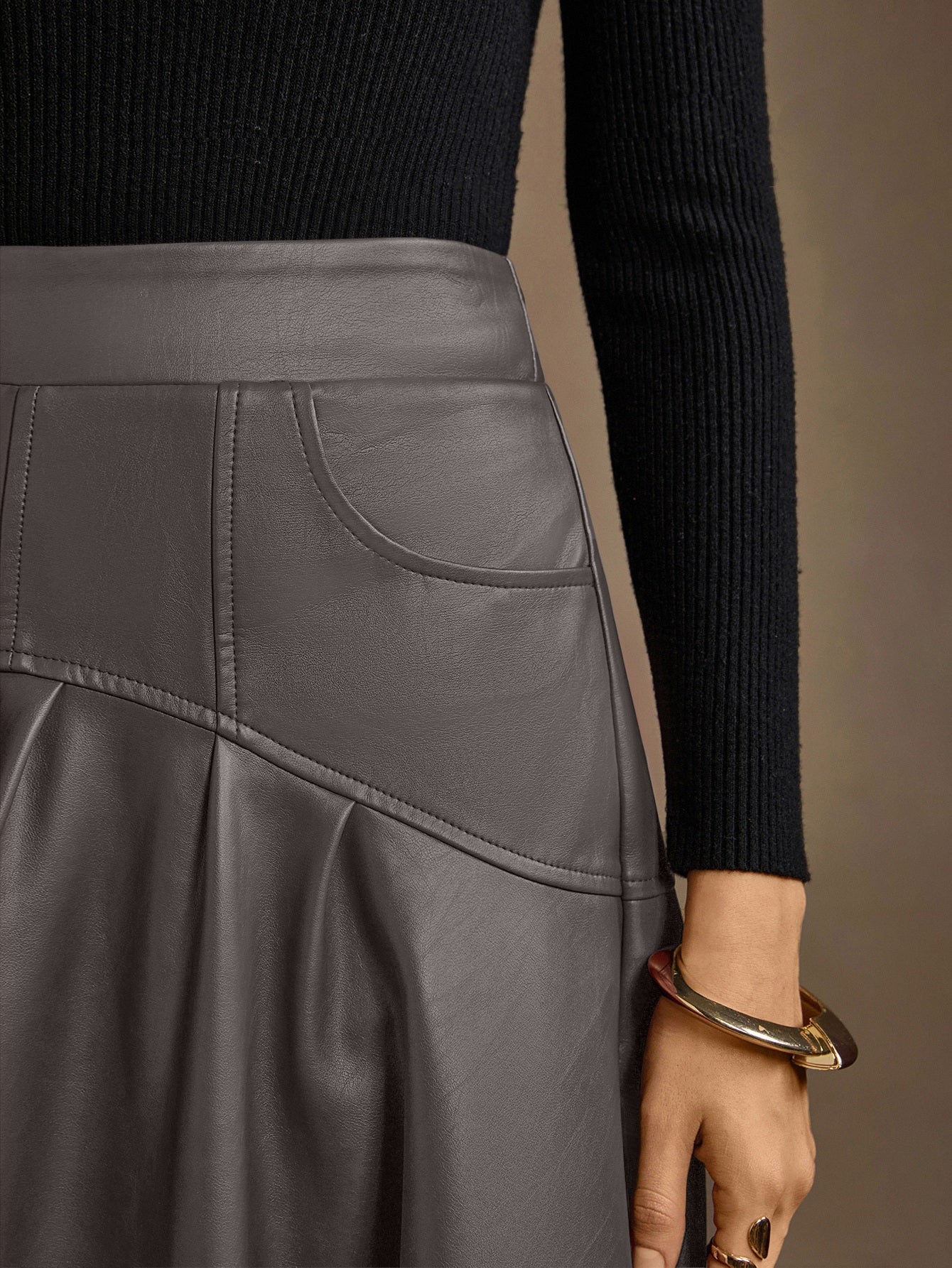 Elegant High Waisted Faux Leather Skirt