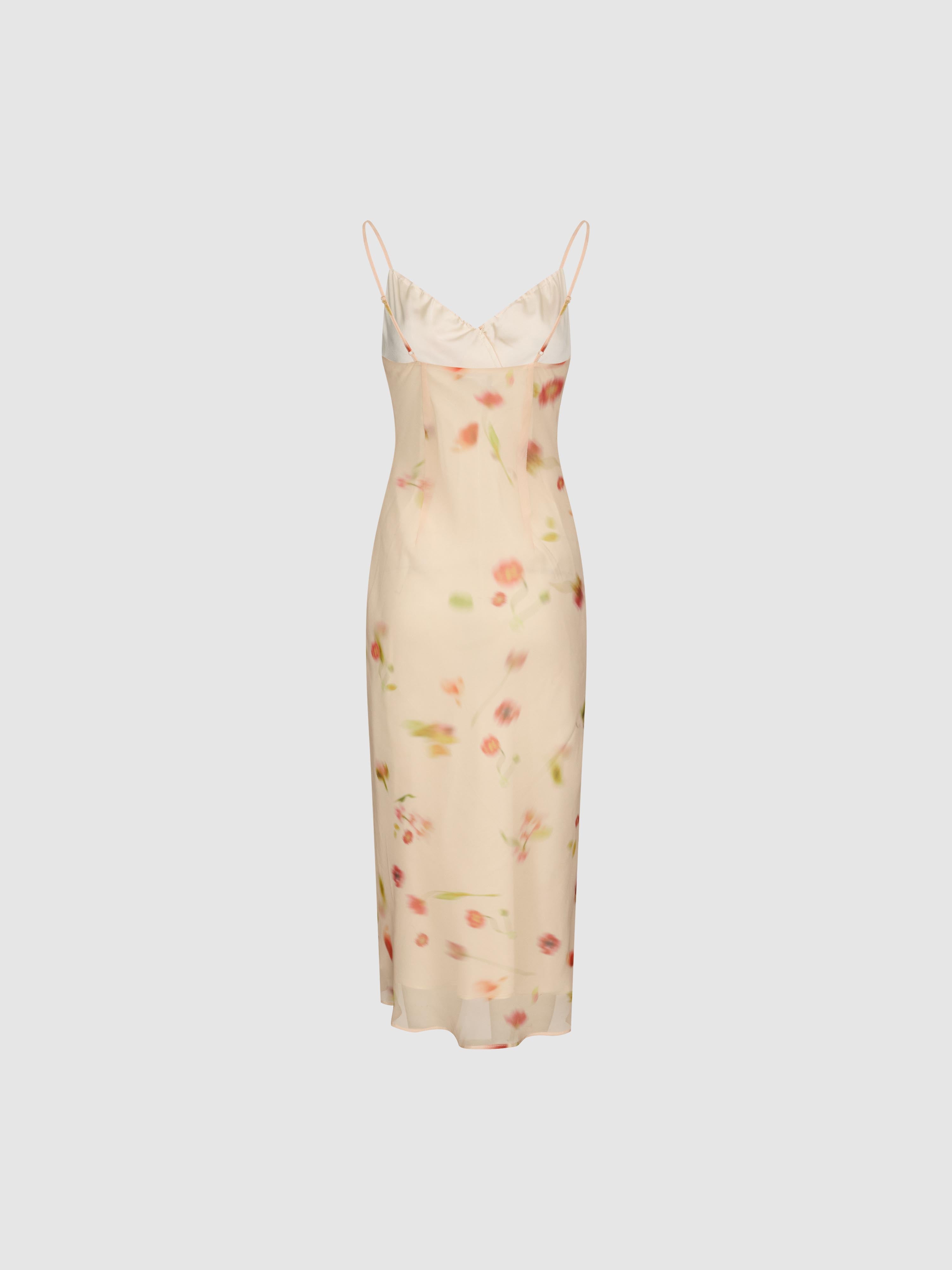 Urban Revivo Floral Printed Strappy Drawstring Skinny-Fit A-Line Midi Dresses