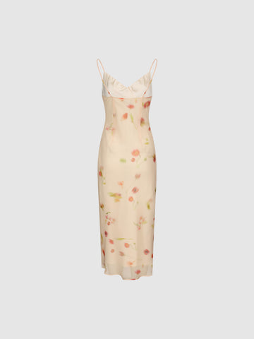 Urban Revivo Floral Printed Strappy Drawstring Skinny-Fit A-Line Midi Dresses