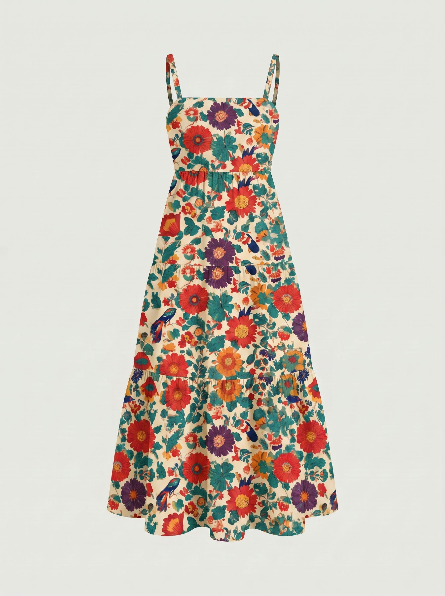 FLORA Floral Print Tiered Strap Midi Dress