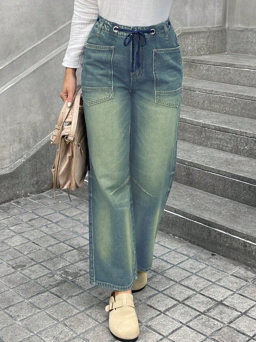 Wide-Le Drawstrin Casual Denim Jeans-Multicolor