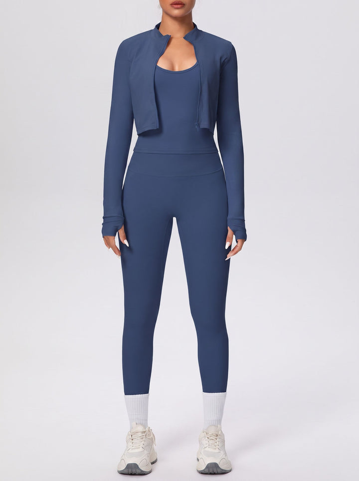 Seamless Ribbed Zip Up Workout 3 Piece Set