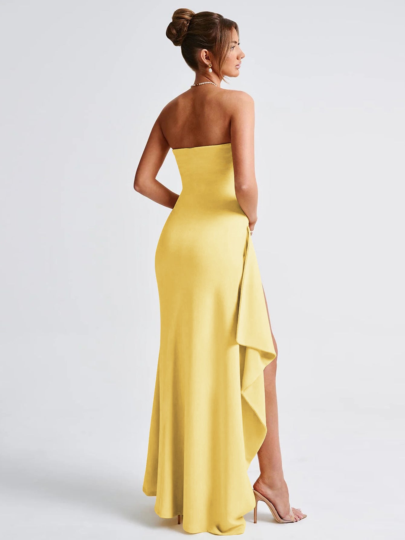 Strapless Ruched High Slit Maxi Dress