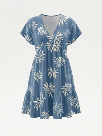Floral Print V Neck Tiered Babydoll Mini Dress