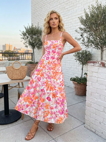 tiantian yu's Pink Floral Print Midi Dress