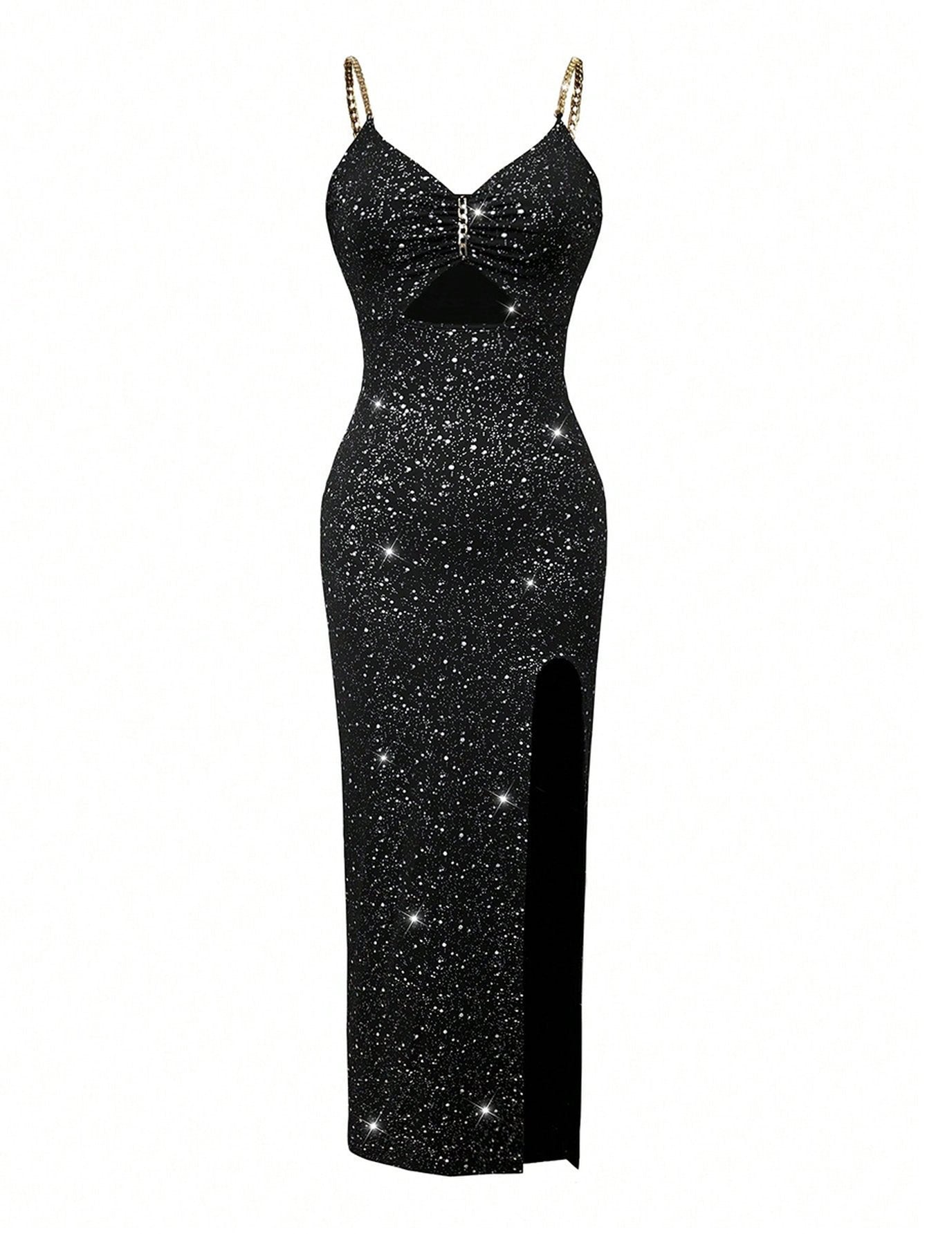Glittery Cutout Chain Strap Midi Dress