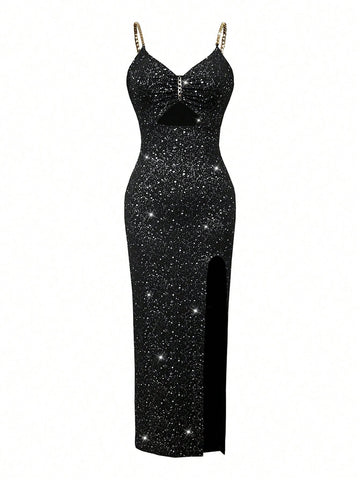 Glittery Cutout Chain Strap Midi Dress