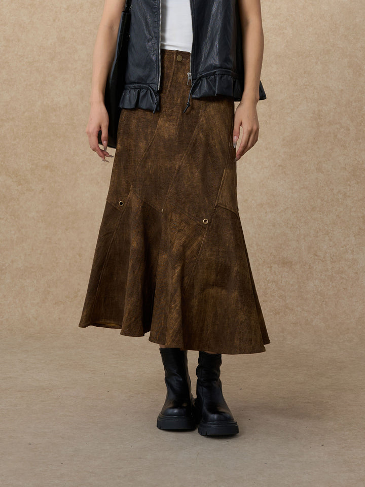 Vintage Distressed Faux Suede Midi Skirt