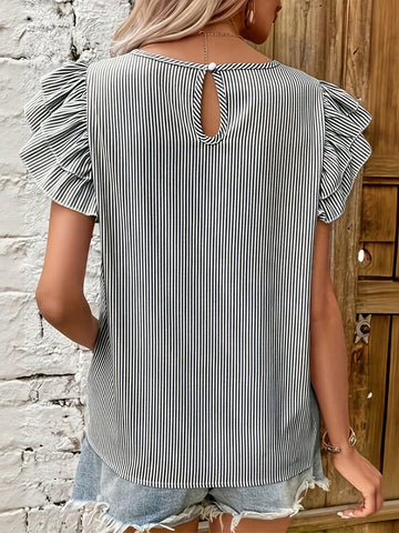 Ruffled Sleeve Striped Chiffon Blouse