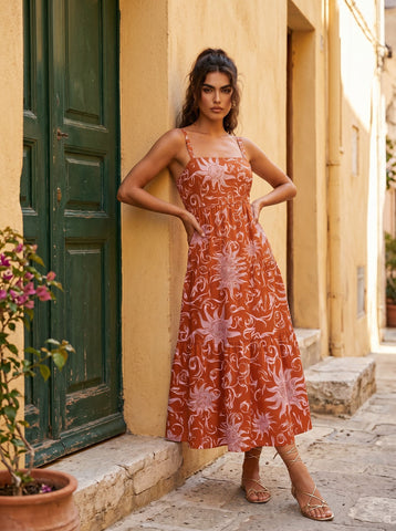 FLORA Floral Print Tiered Strap Midi Dress