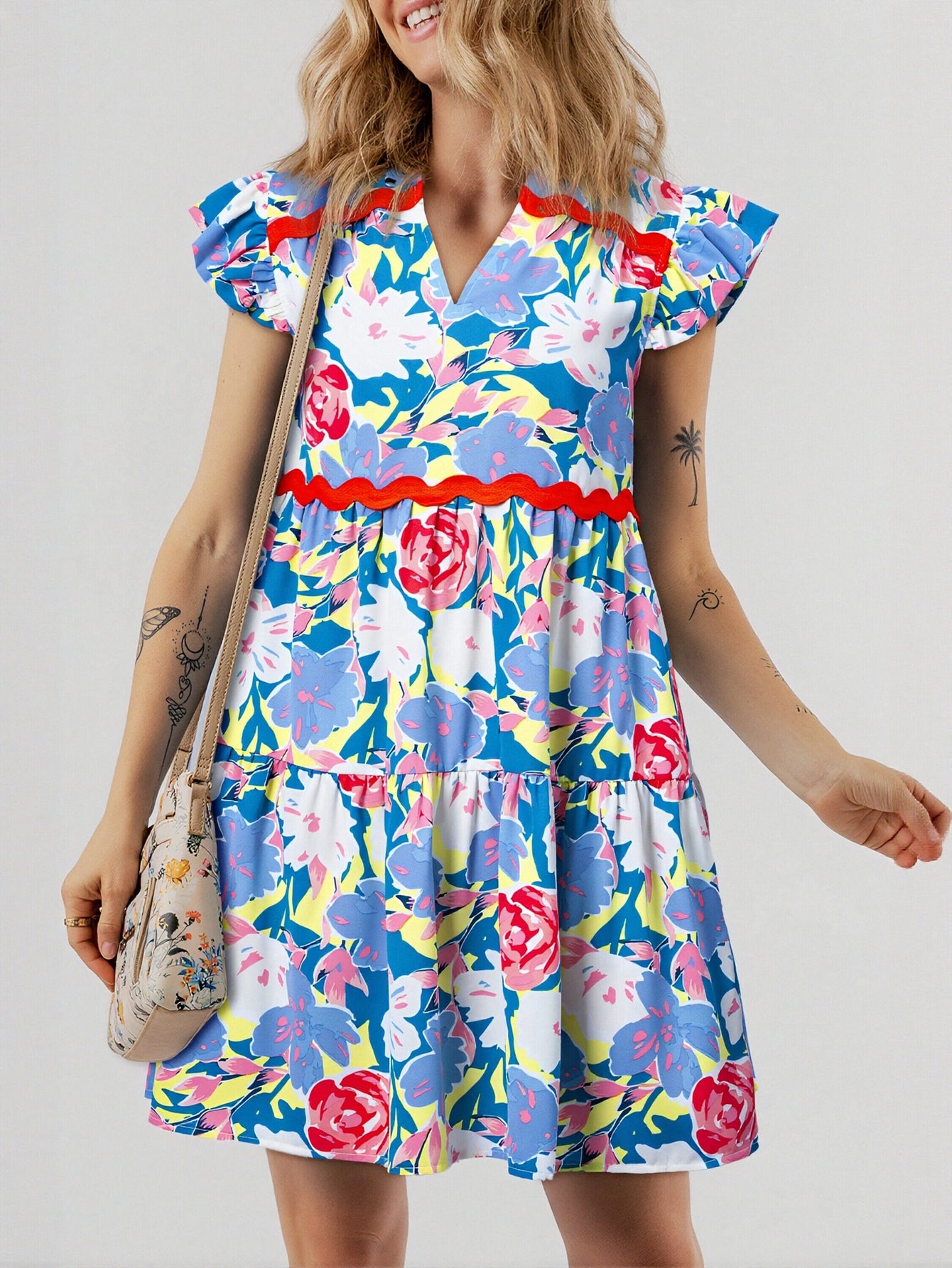 V Neck Floral Print Mini Dress