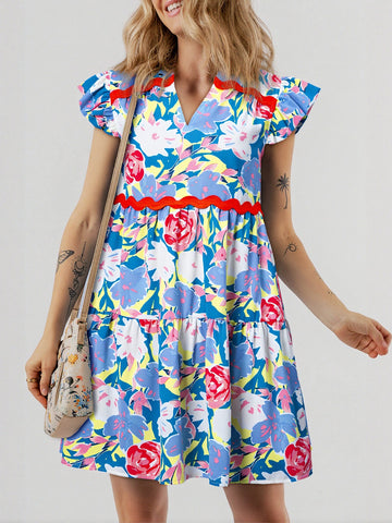 V Neck Floral Print Mini Dress