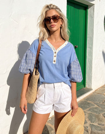Check Print Puff Sleeve Blouse