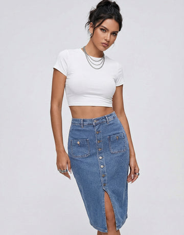 Low Stretch Denim Bodycon Midi Skirt