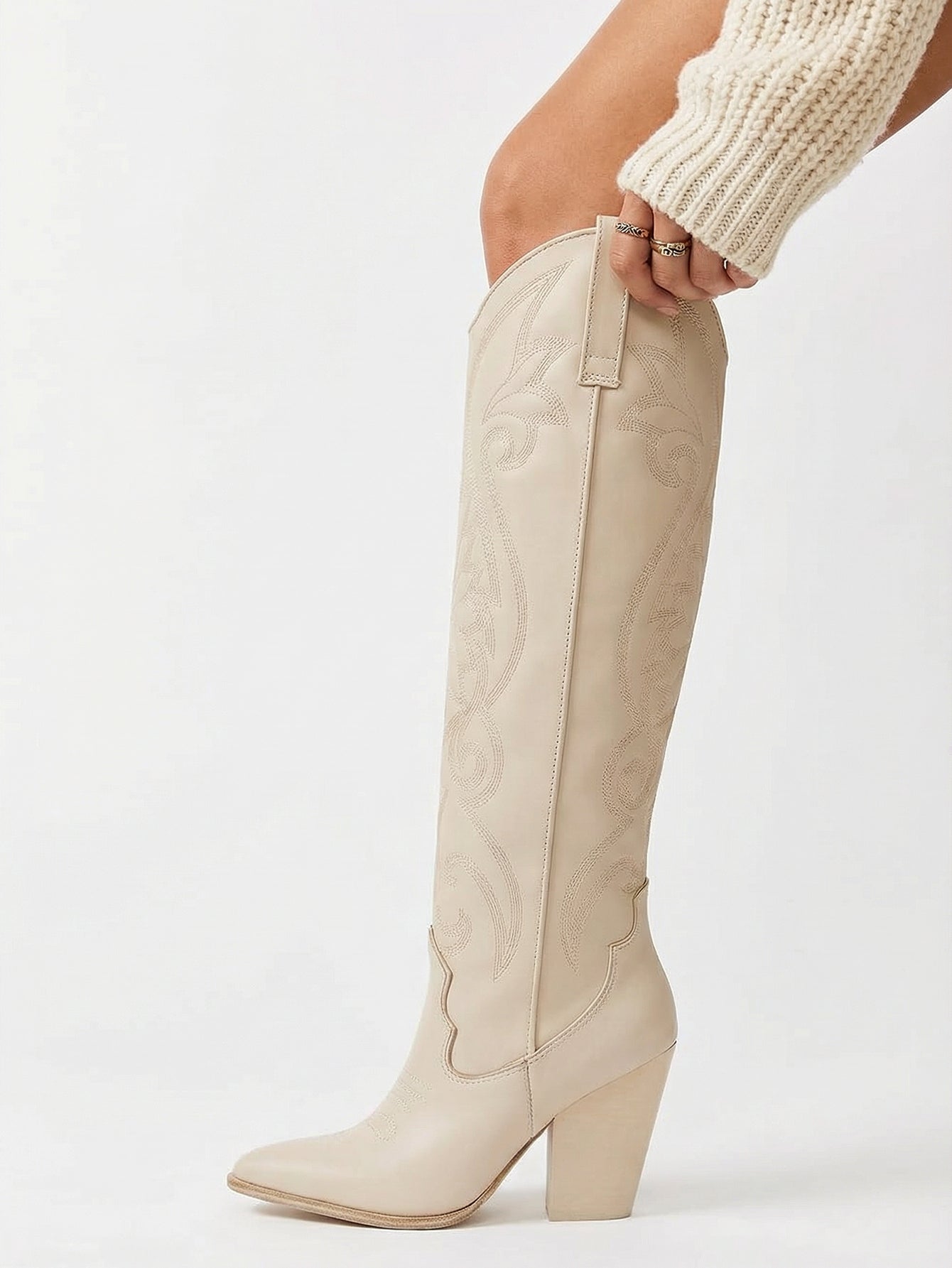 Embroidered Pointed-Toe Block-Heel Elegant Cowboy Boots