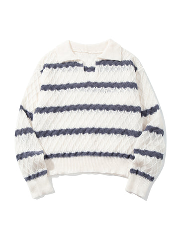 Striped Textured Collared Knit Pullover