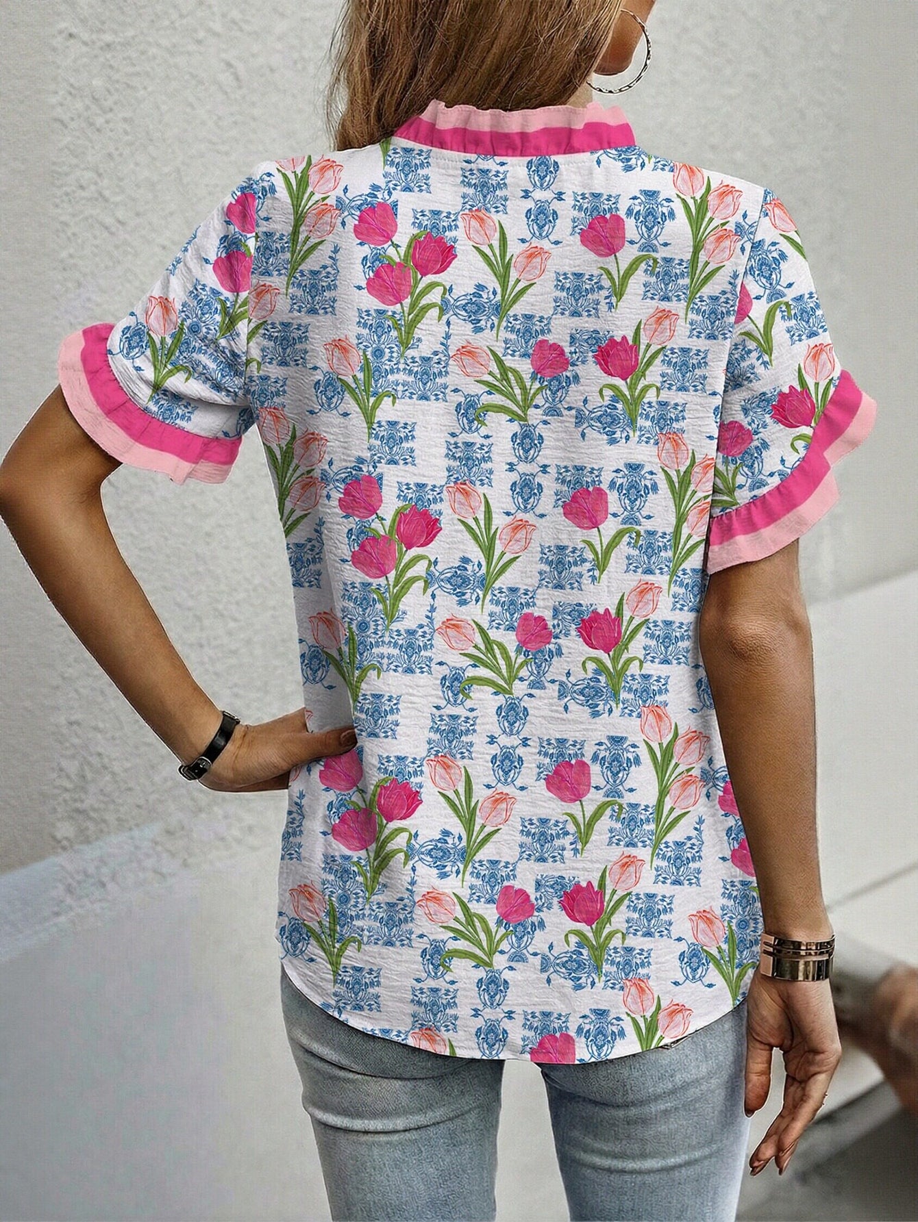 Ruffle Trim Floral Chiffon Blouse