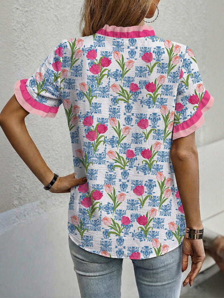 Ruffle Trim Floral Chiffon Blouse