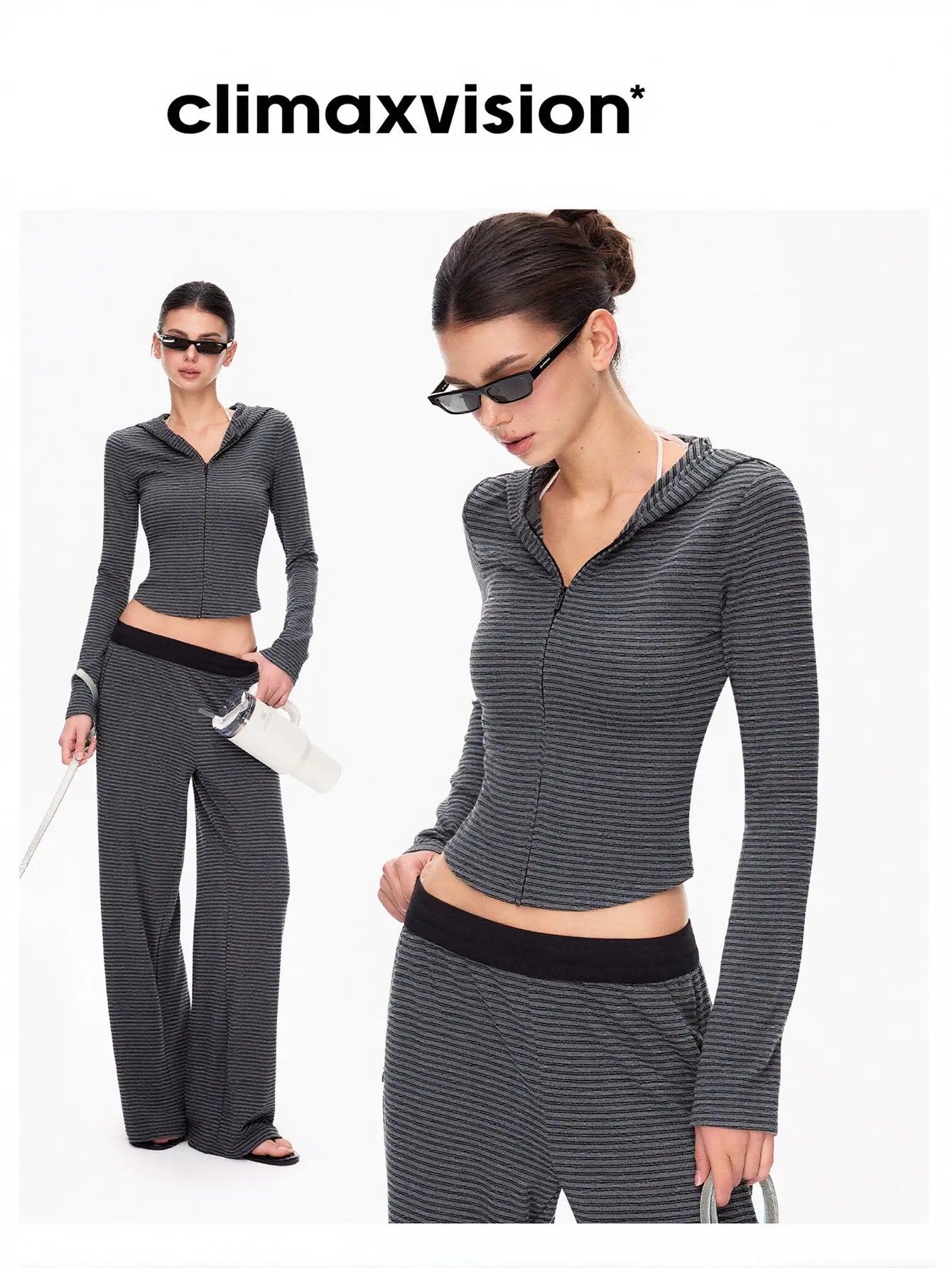 Cropped Striped Zip Up Hoodie