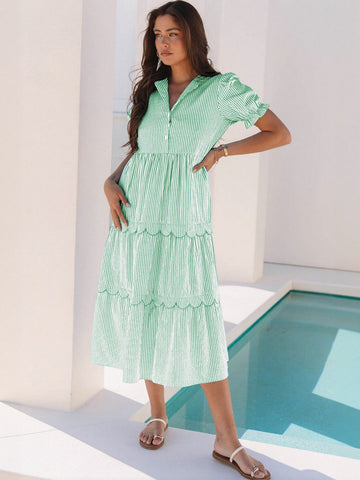 Striped Tiered Shirt Midi Dress