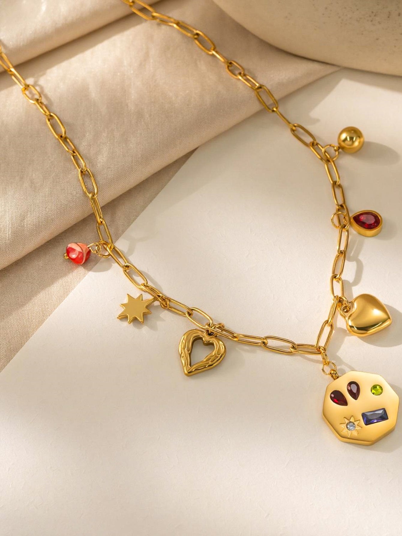 Charming Multi Charm Gold Paperclip Necklace